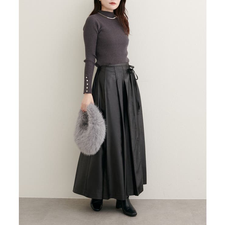 natural couture】レザータッチプリーツラップスカート[品番