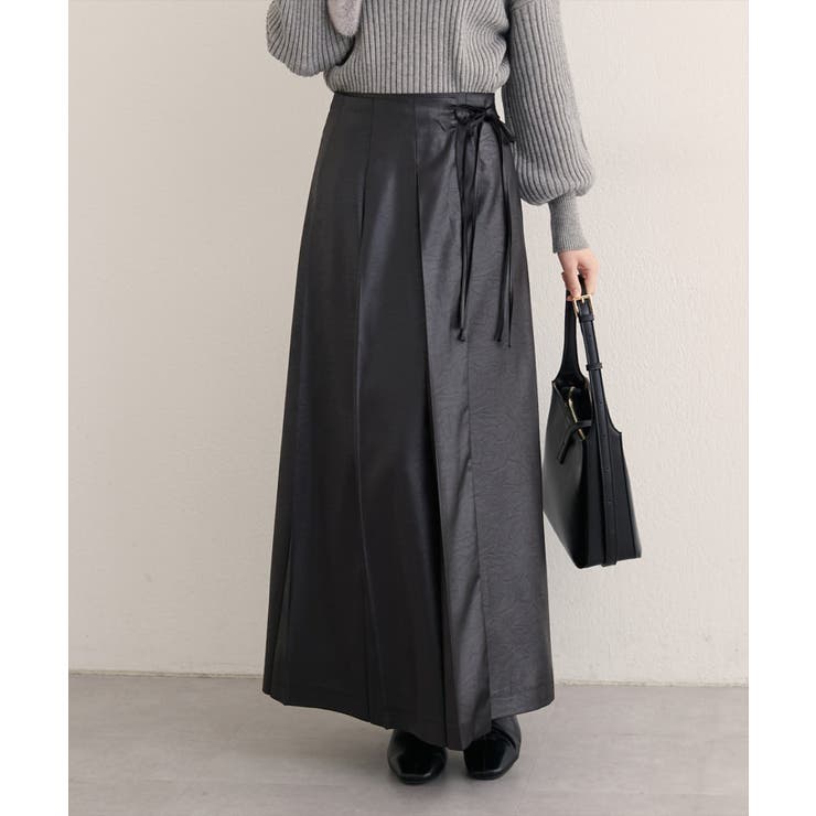 natural couture】レザータッチプリーツラップスカート[品番