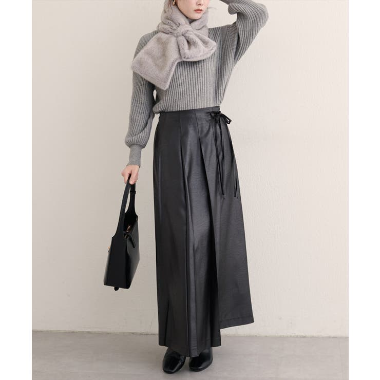 natural couture】レザータッチプリーツラップスカート[品番