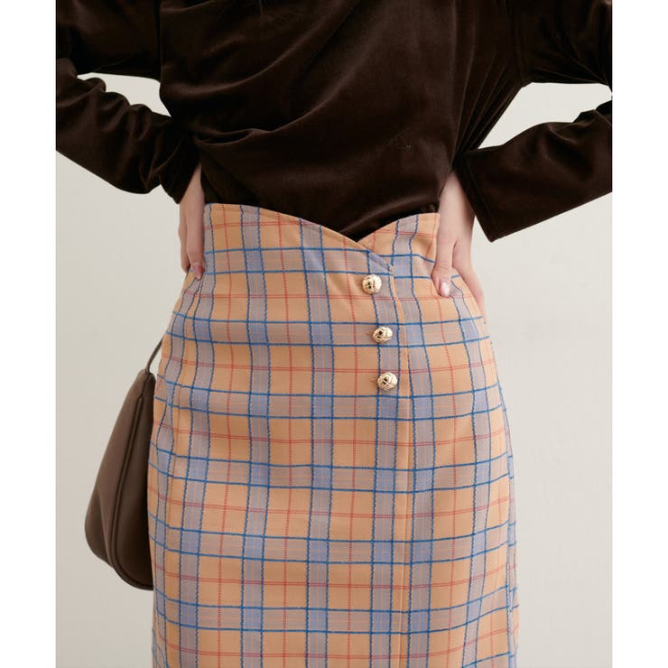 【natural couture】デザイン釦ラップ風チェックスカート | NICE CLAUP / OLIVE des OLIVE　OUTLET | 詳細画像1 
