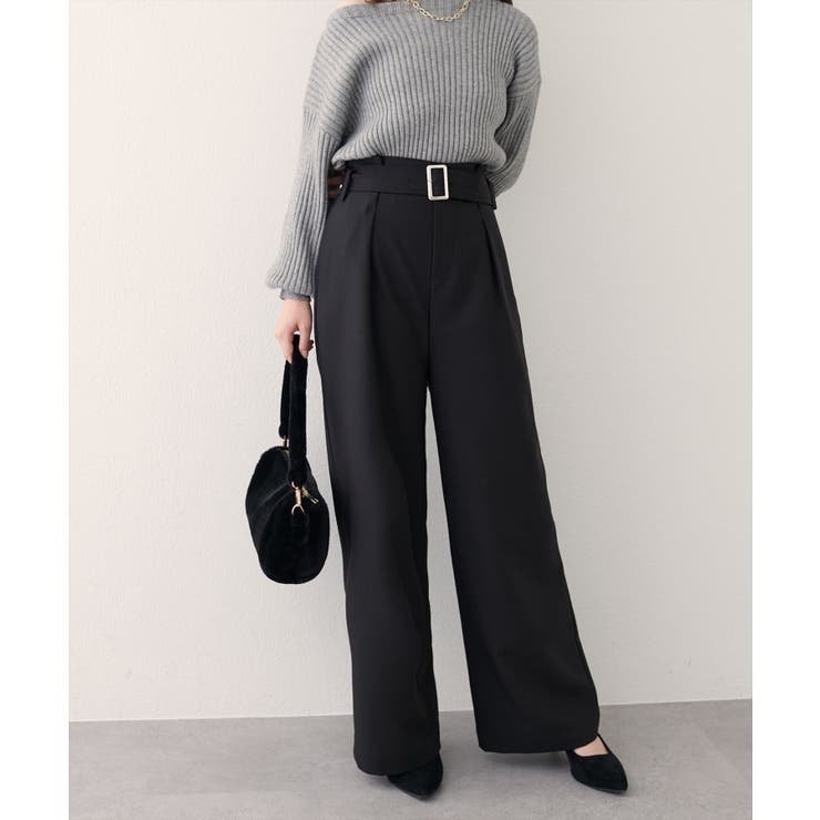 ブラック | 【natural couture】バックルベルト付きタックパンツ | NICE CLAUP / OLIVE des OLIVE　OUTLET