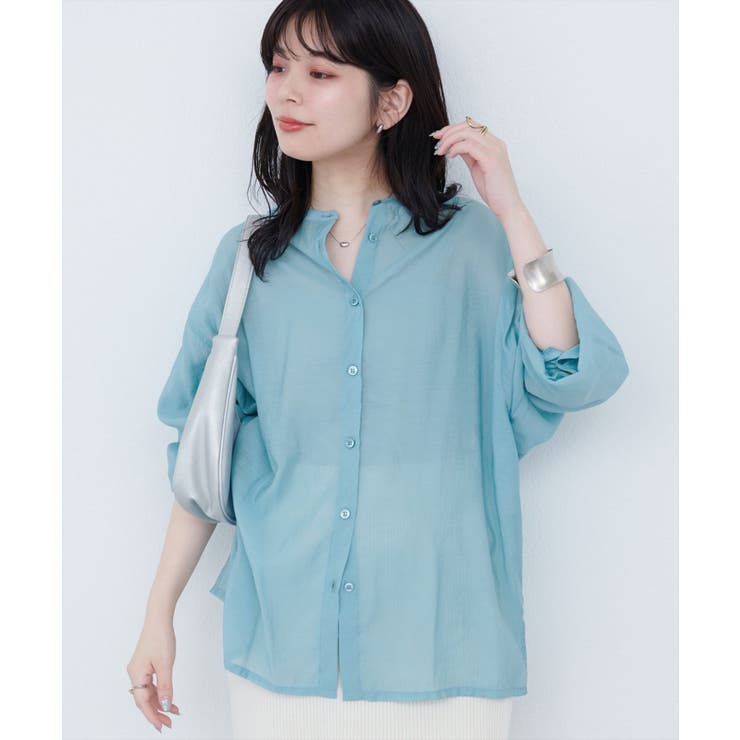 ブルー | バンドカラーサイドスリットシアーシャツ | NICE CLAUP / OLIVE des OLIVE　OUTLET