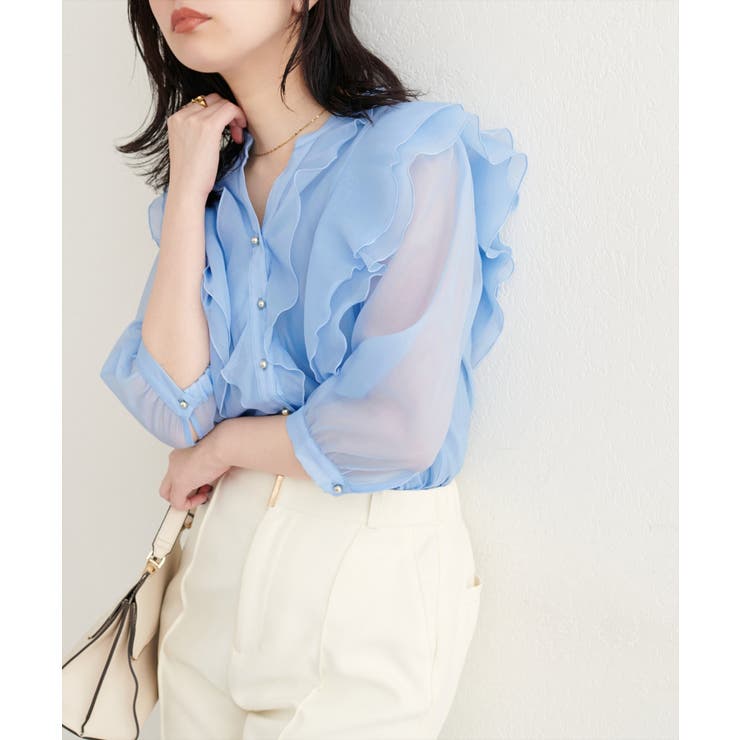 【natural couture】ラッフルフリルキーネック7分袖ブラウス | NICE CLAUP / OLIVE des OLIVE　OUTLET | 詳細画像1 