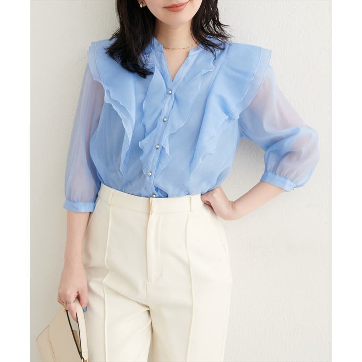 サックス | 【natural couture】ラッフルフリルキーネック7分袖ブラウス | NICE CLAUP / OLIVE des OLIVE　OUTLET