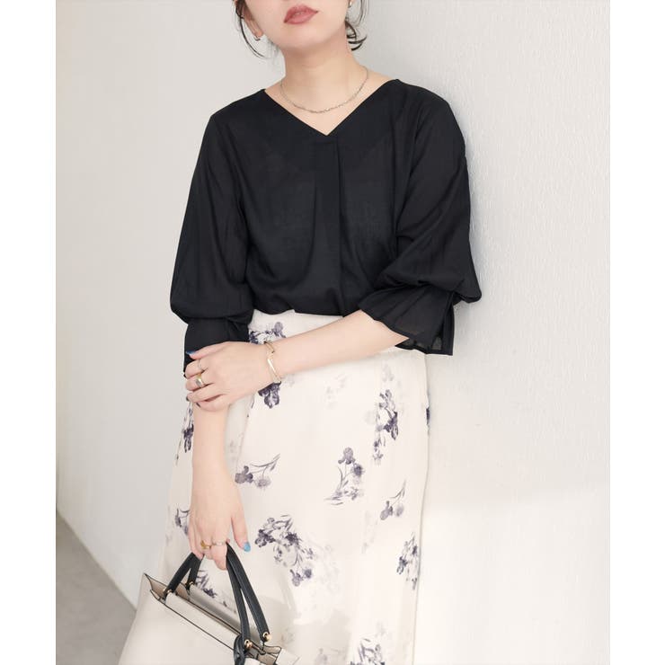 ブラック | 【natural couture】麻レーヨンタック袖ブラウス | NICE CLAUP / OLIVE des OLIVE　OUTLET