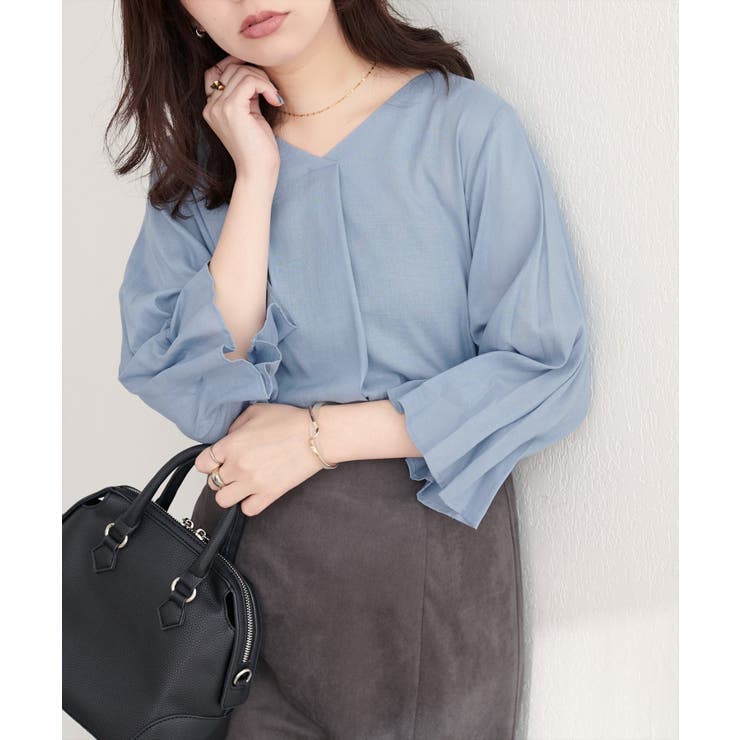 サックス | 【natural couture】麻レーヨンタック袖ブラウス | NICE CLAUP / OLIVE des OLIVE　OUTLET