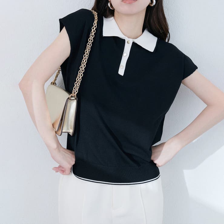 ブラック | 【natural couture】衿付き配色ライン入りニット | NICE CLAUP / OLIVE des OLIVE　OUTLET