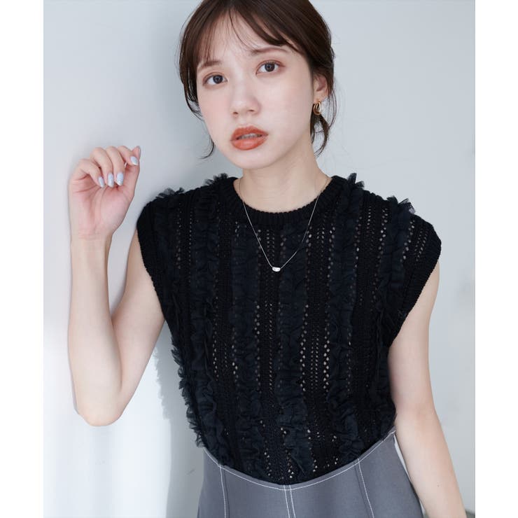 ブラック | 【natural couture】透かし柄×チュールノースリKT | NICE CLAUP / OLIVE des OLIVE　OUTLET