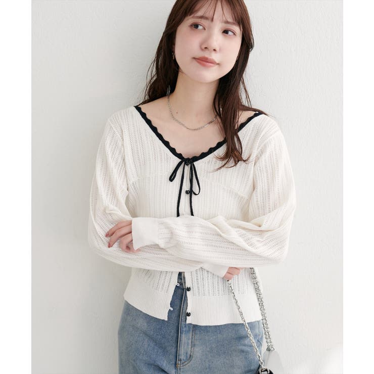 【natural couture】配色リボン透かし編みカーディガン | NICE CLAUP / OLIVE des OLIVE　OUTLET | 詳細画像4 