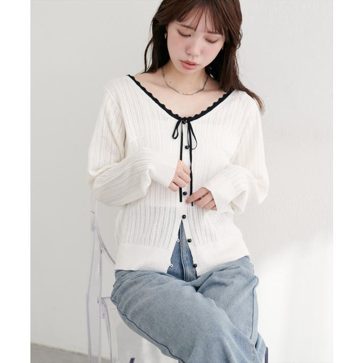 【natural couture】配色リボン透かし編みカーディガン | NICE CLAUP / OLIVE des OLIVE　OUTLET | 詳細画像6 