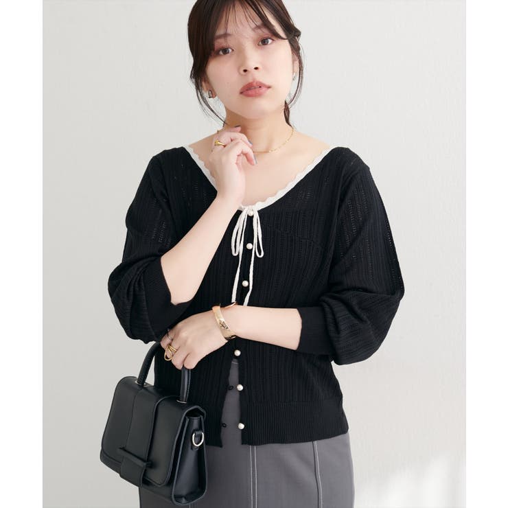 ブラック | 【natural couture】配色リボン透かし編みカーディガン | NICE CLAUP / OLIVE des OLIVE　OUTLET