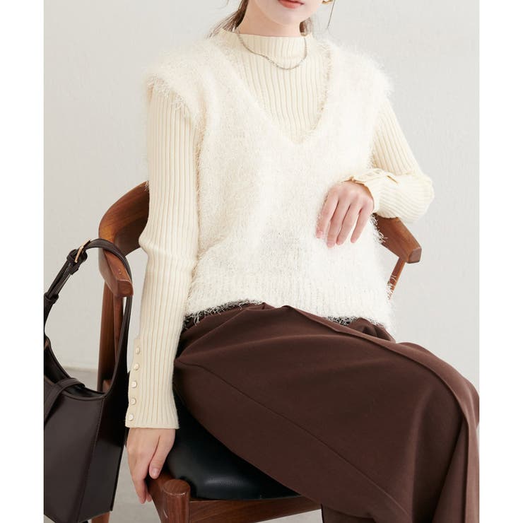 アイボリー | 【natural couture】フェザーヤーンVネックベスト | NICE CLAUP / OLIVE des OLIVE　OUTLET