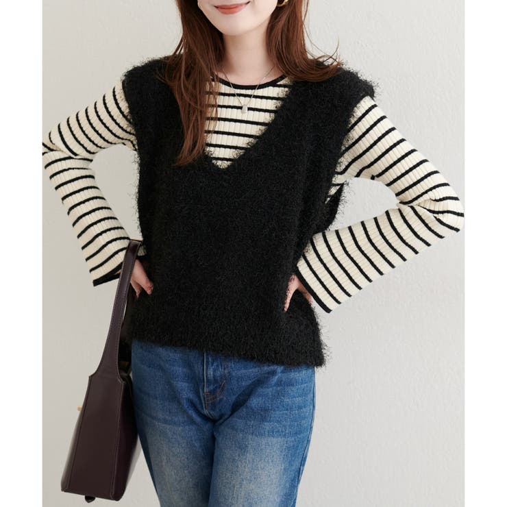 ブラック | 【natural couture】フェザーヤーンVネックベスト | NICE CLAUP / OLIVE des OLIVE　OUTLET