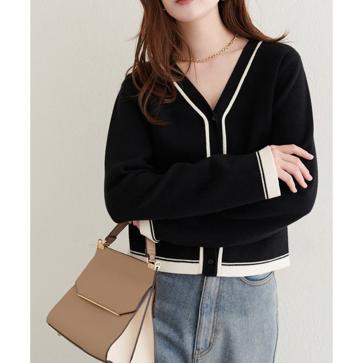 ブラック | 【natural couture】配色ラインカーディガン | NICE CLAUP / OLIVE des OLIVE　OUTLET