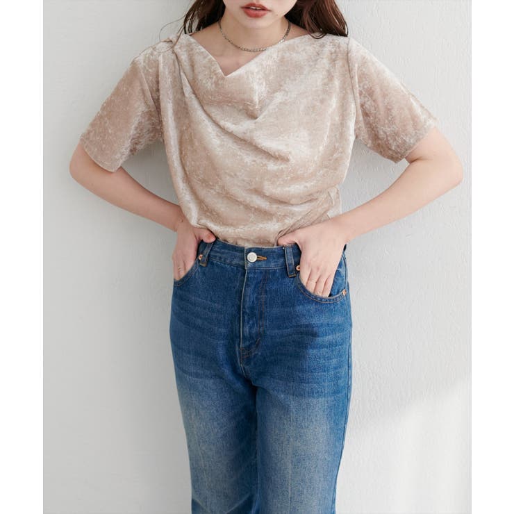 グレージュ | フロッキーメッシュドレープ半袖プルオーバー | NICE CLAUP / OLIVE des OLIVE　OUTLET