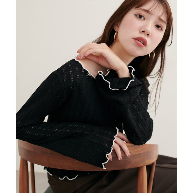 ブラック | 【natural couture】透かしカットソー配色TOPS | NICE CLAUP / OLIVE des OLIVE　OUTLET