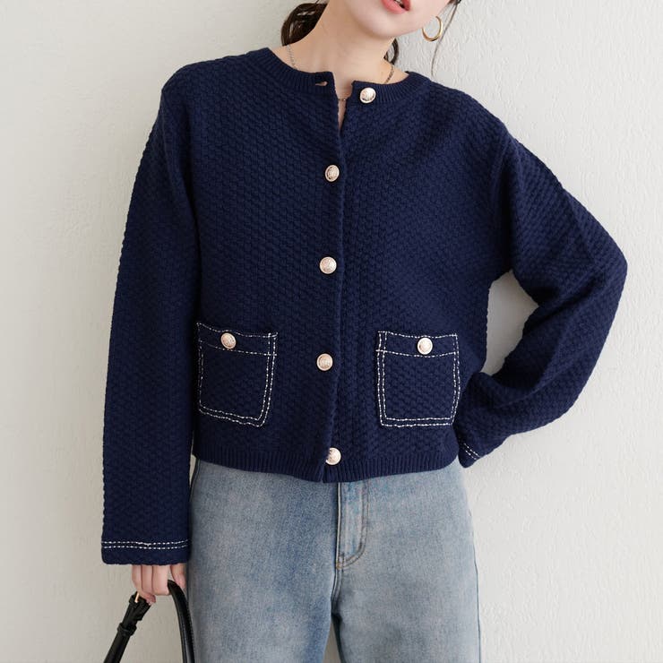 【natural couture】配色ステッチ入りニットジャケット | NICE CLAUP / OLIVE des OLIVE　OUTLET | 詳細画像1 