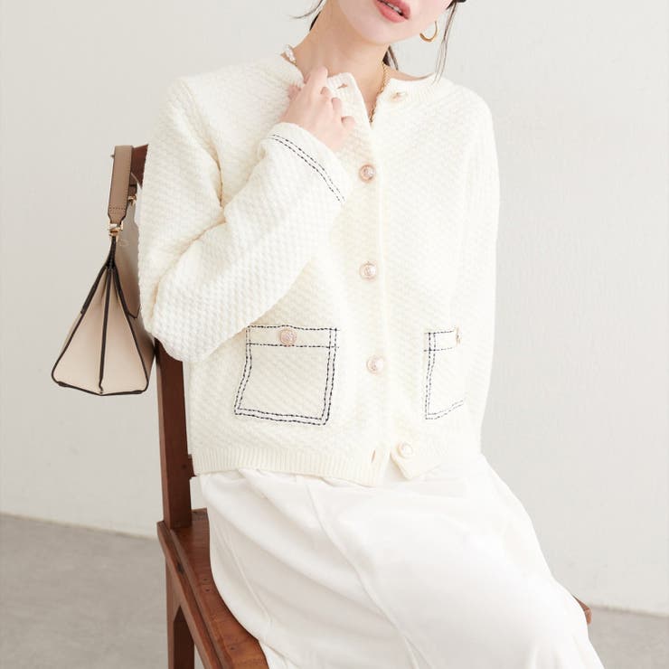 【natural couture】配色ステッチ入りニットジャケット | NICE CLAUP / OLIVE des OLIVE　OUTLET | 詳細画像2 