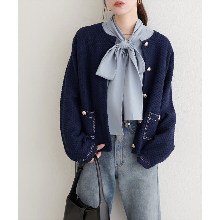 ネイビー | 【natural couture】配色ステッチ入りニットジャケット | NICE CLAUP / OLIVE des OLIVE　OUTLET