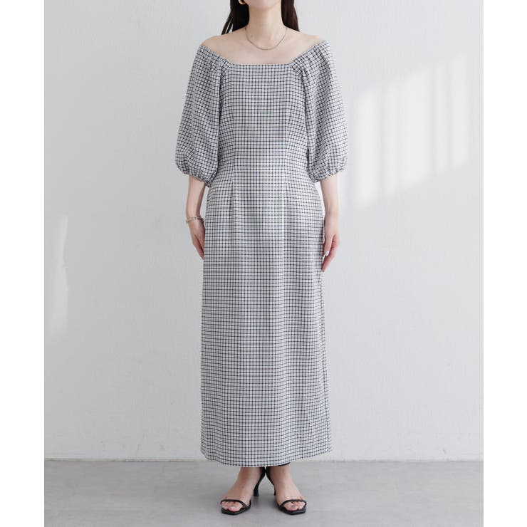 natural couture】ポコポコチェック袖ボリュームワンピース[品番