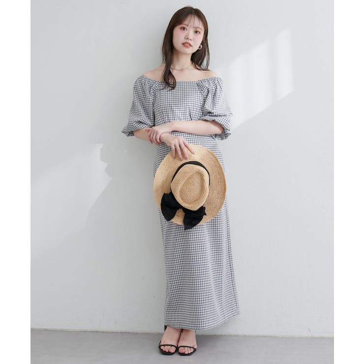 natural couture】ポコポコチェック袖ボリュームワンピース[品番