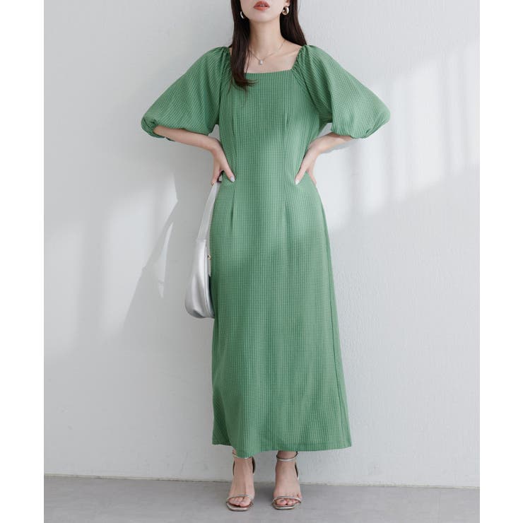 natural couture】ポコポコチェック袖ボリュームワンピース[品番