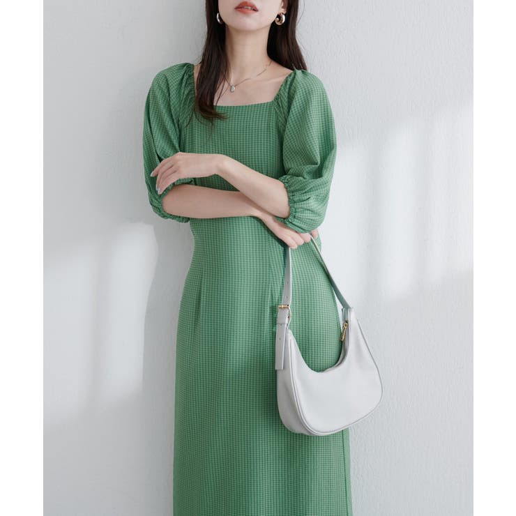 ポコポコワンピース　見本 natural couture】ポコポコチェック袖ボリュームワンピース[品番