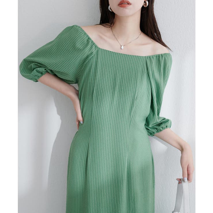 natural couture】ポコポコチェック袖ボリュームワンピース[品番