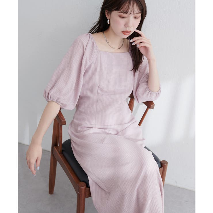natural couture】ポコポコチェック袖ボリュームワンピース[品番
