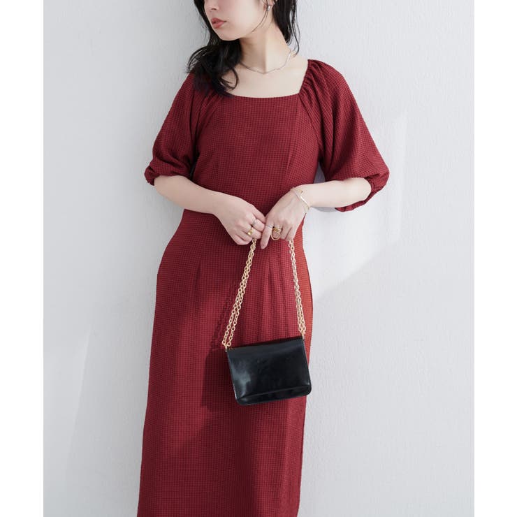 ボルドー | 【natural couture】ポコポコチェック袖ボリュームワンピース | NICE CLAUP / OLIVE des OLIVE　OUTLET