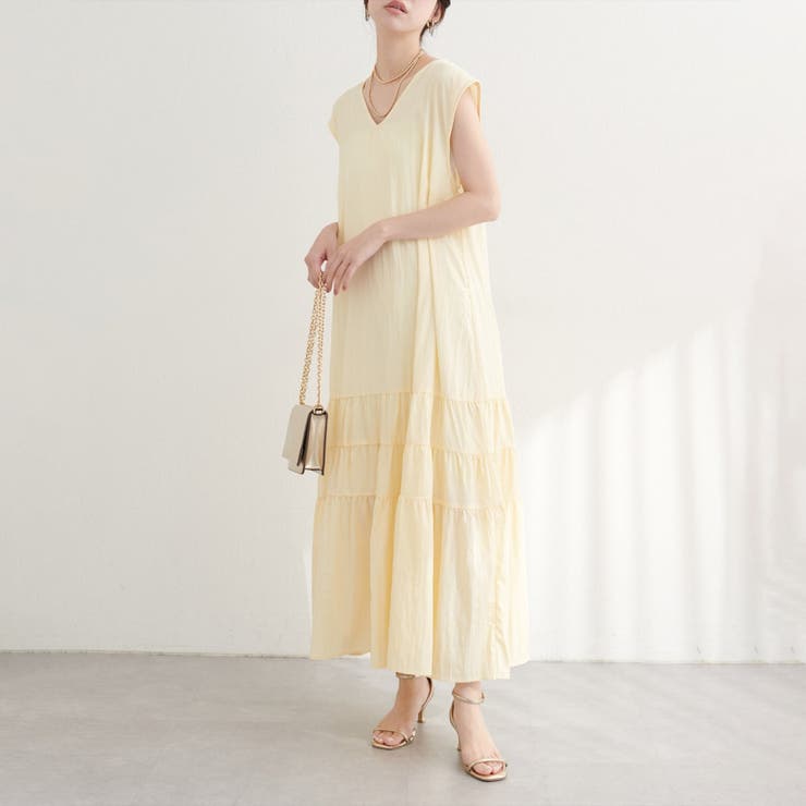 イエロー | 【natural couture】Vネックギャザー切替ワンピース | NICE CLAUP / OLIVE des OLIVE　OUTLET