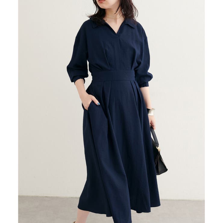 ネイビー | スキッパー衿7部袖ワンピース | NICE CLAUP / OLIVE des OLIVE　OUTLET