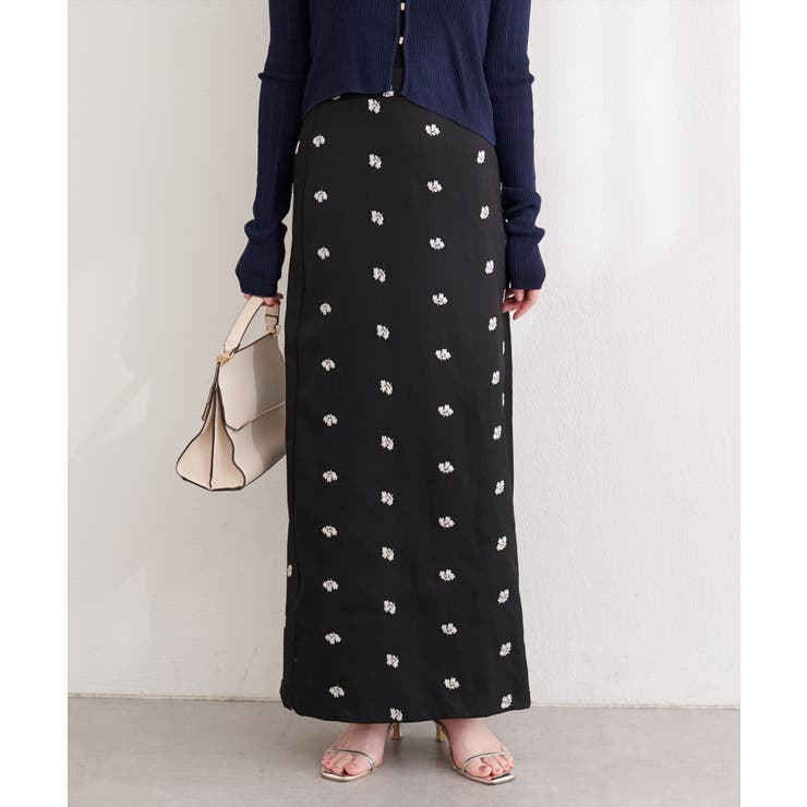 ブラック | 【natural couture】花柄ツイルナロースカート | NICE CLAUP / OLIVE des OLIVE　OUTLET