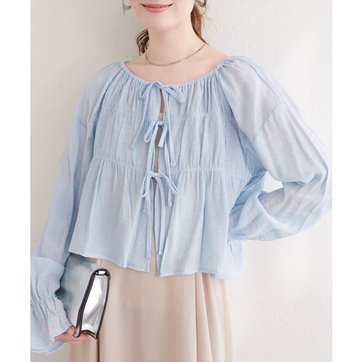 サックス | 楊柳シャーリングリボンブラウス | NICE CLAUP / OLIVE des OLIVE　OUTLET