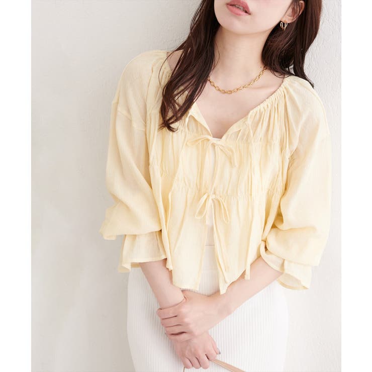 イエロー | 楊柳シャーリングリボンブラウス | NICE CLAUP / OLIVE des OLIVE　OUTLET