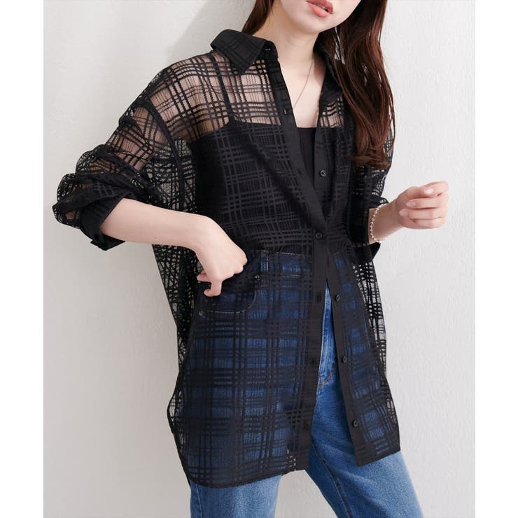 ブラック | 【natural couture】シアーチェックシャツ | NICE CLAUP / OLIVE des OLIVE　OUTLET