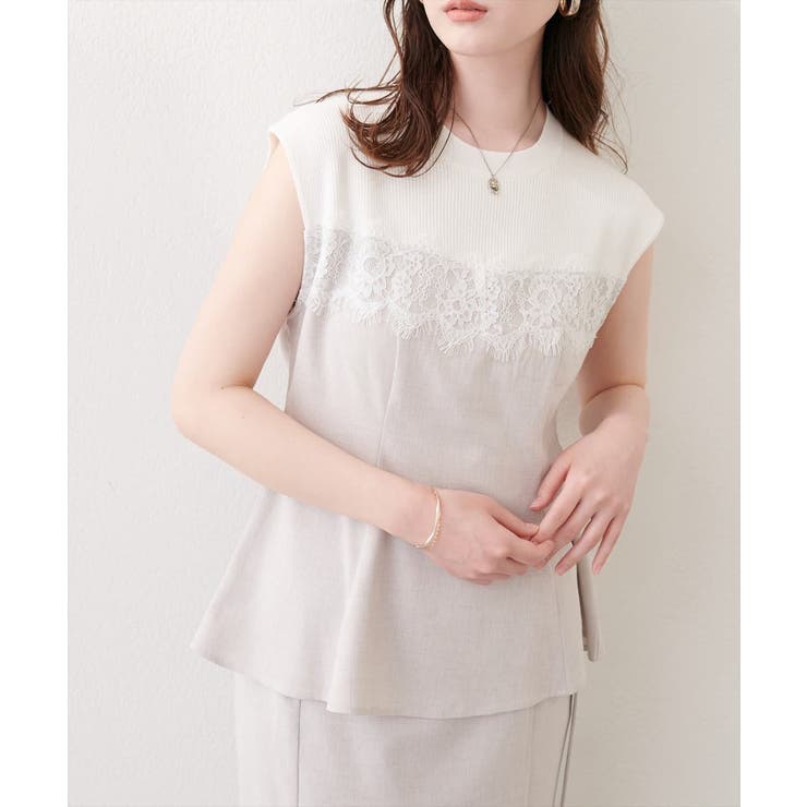 Lベージュ | 【natural couture】レース切替ペプラムTOPS | NICE CLAUP / OLIVE des OLIVE　OUTLET