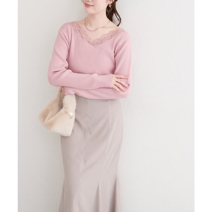 【natural couture】アシメレースネックリブニットプルオーバー | NICE CLAUP / OLIVE des OLIVE　OUTLET | 詳細画像4 