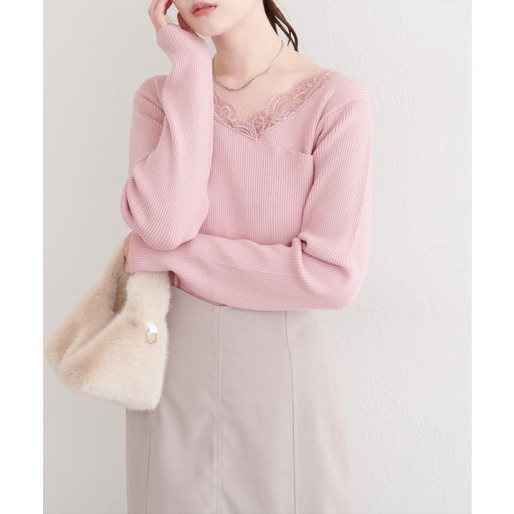 ピンク | 【natural couture】アシメレースネックリブニットプルオーバー | NICE CLAUP / OLIVE des OLIVE　OUTLET