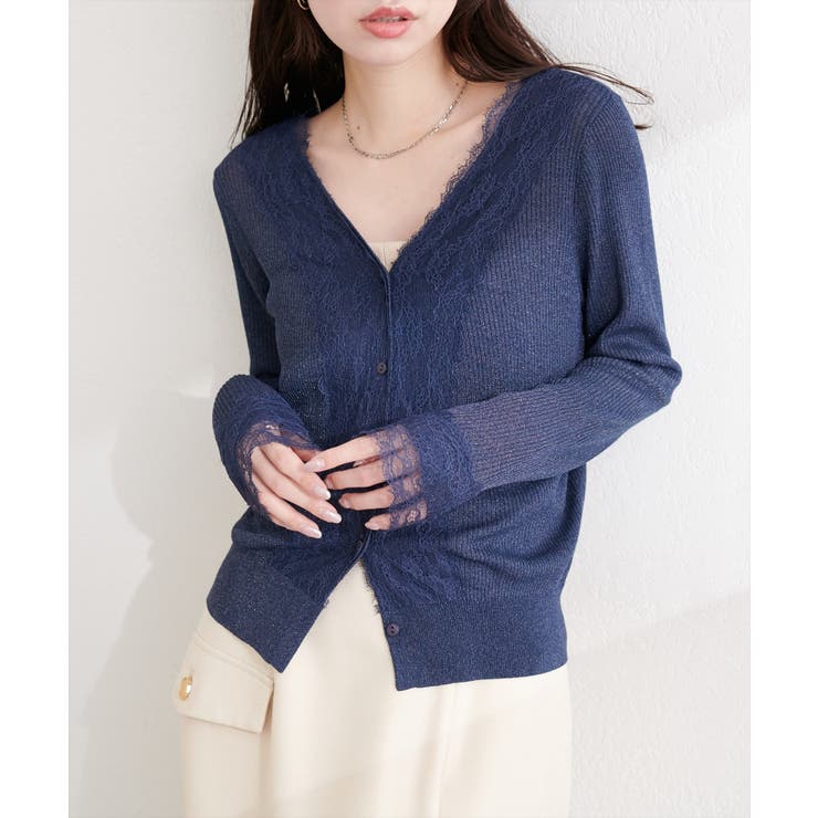 ブラック | 【natural couture】リバーレースVネックカーデ | NICE CLAUP / OLIVE des OLIVE　OUTLET