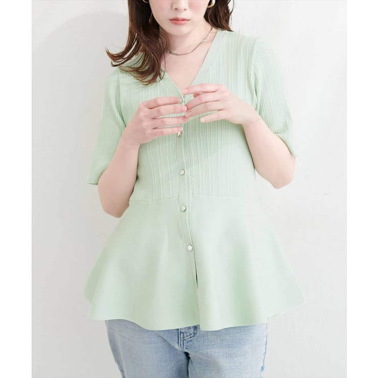 ミント | 【natural couture】ランダムリブ５分袖ペプラムニットカーディガン | NICE CLAUP / OLIVE des OLIVE　OUTLET