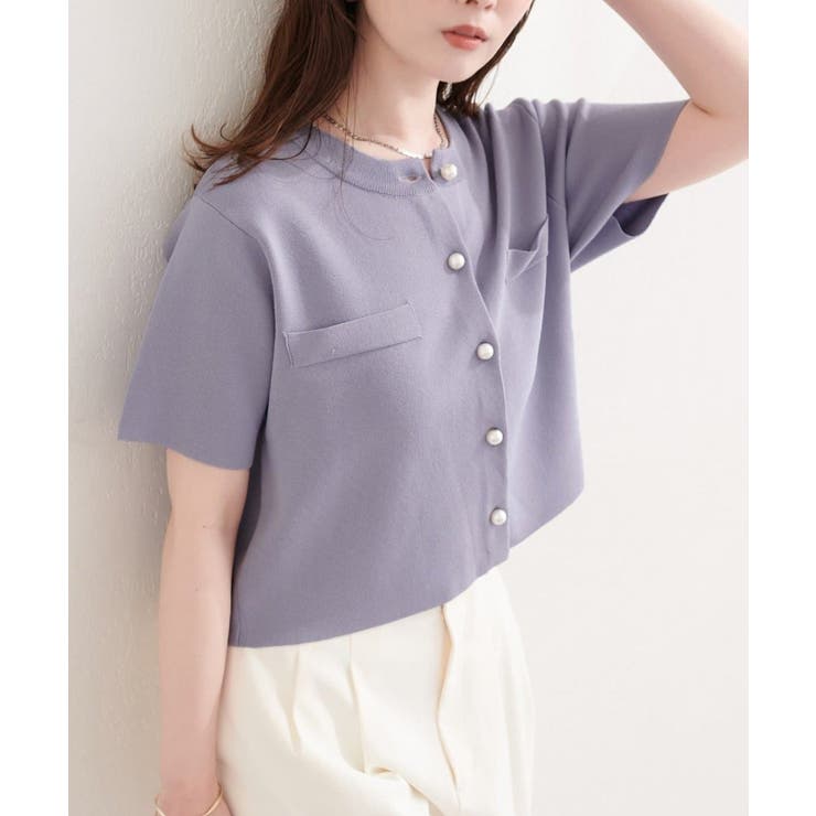 ブルー系 | 【natural couture】パール釦半袖ニットカーディガン | NICE CLAUP / OLIVE des OLIVE　OUTLET