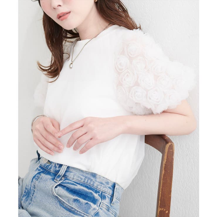 【natural couture】フラワーレースパフスリーブT | NICE CLAUP / OLIVE des OLIVE　OUTLET | 詳細画像1 