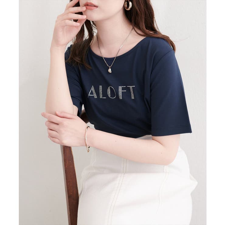 ネイビー | ラインストーンロゴ半袖Tシャツ | NICE CLAUP / OLIVE des OLIVE　OUTLET