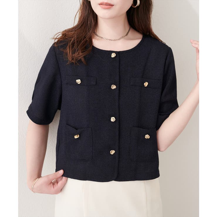 ネイビー | 【natural couture】ツイード半袖ジャケット | NICE CLAUP / OLIVE des OLIVE　OUTLET