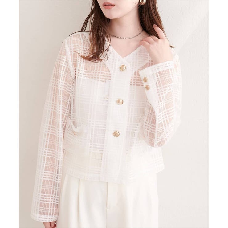 【natural couture】シアーチェックノーカラーショートジャケット | NICE CLAUP / OLIVE des OLIVE　OUTLET | 詳細画像2 