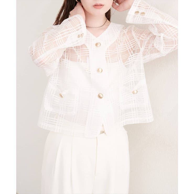 【natural couture】シアーチェックノーカラーショートジャケット | NICE CLAUP / OLIVE des OLIVE　OUTLET | 詳細画像3 