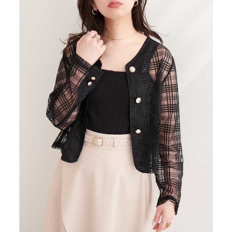 【natural couture】シアーチェックノーカラーショートジャケット | NICE CLAUP / OLIVE des OLIVE　OUTLET | 詳細画像8 
