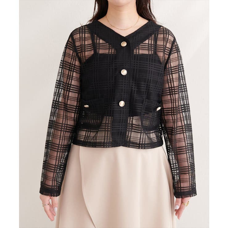 【natural couture】シアーチェックノーカラーショートジャケット | NICE CLAUP / OLIVE des OLIVE　OUTLET | 詳細画像10 