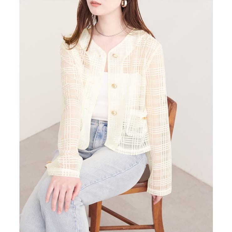 【natural couture】シアーチェックノーカラーショートジャケット | NICE CLAUP / OLIVE des OLIVE　OUTLET | 詳細画像17 